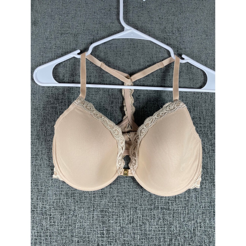 Natori Feathers Front Close T-Back Bra 36D Beige Nude Lace Racerback 735023